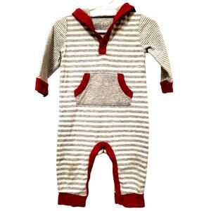 Gray White Striped Sleeper Red Trim Kangaroo Pocket Infant 6-12 Months Old Navy